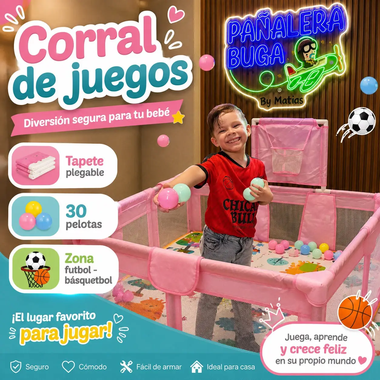 Corral de Juegos para Bebé 120×180 cm con Tapete Plegable y 30 Pelotas Rosa