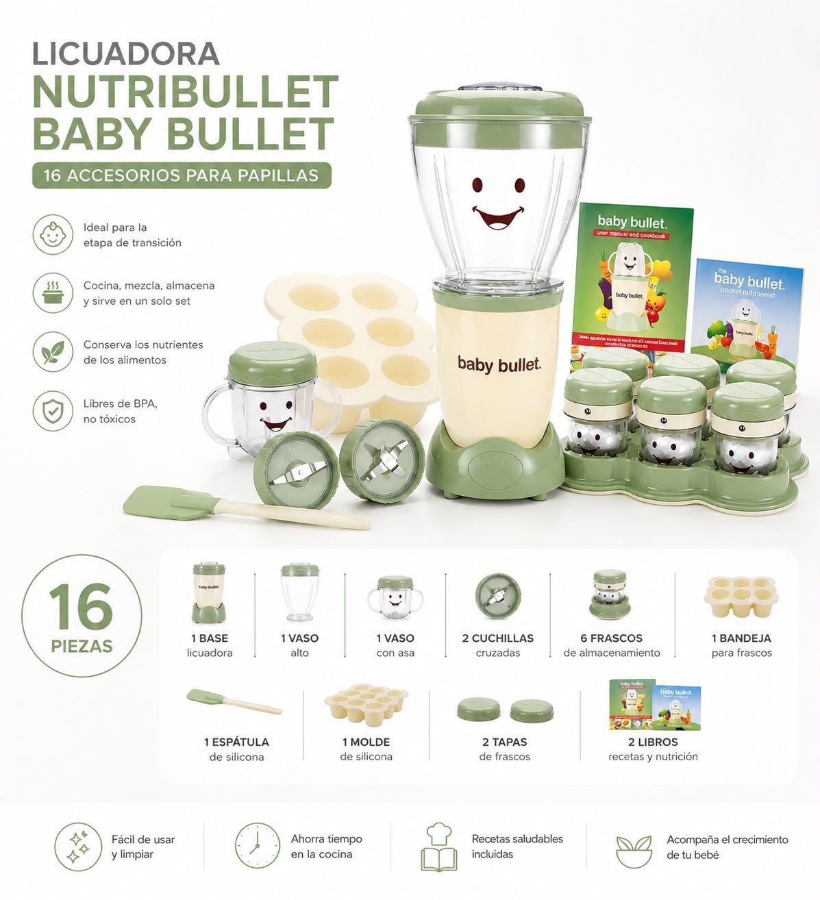 Nutribullet Baby Bullet 16 Piezas para Papillas y Almacenamiento de Alimentos para Bebé | Libre de BPA