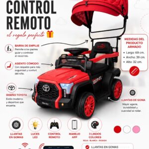 Carro Montable Toyota para Niños con Control Remoto, APP, Luces LED y Toldo Removible - Rojo
