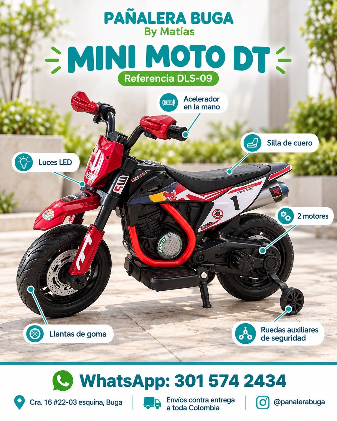 Mini Moto Eléctrica para Niños DT con Luces LED y Rueditas Auxiliares