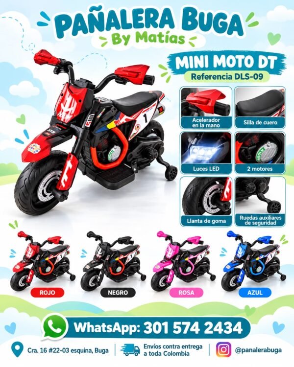 Mini moto eléctrica para niños DT características Características de la mini moto eléctrica para niños DT referencia DLS-09: luces LED, 2 motores, llantas de goma