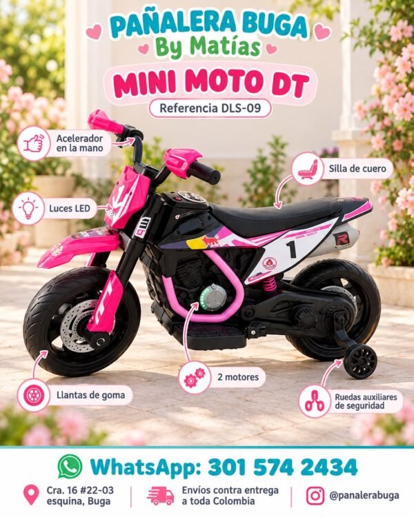 Mini moto eléctrica para niños DT rosada Mini moto eléctrica para niñas DT rosada con luces LED, acelerador en la mano y silla de cuero - Pañalera Buga